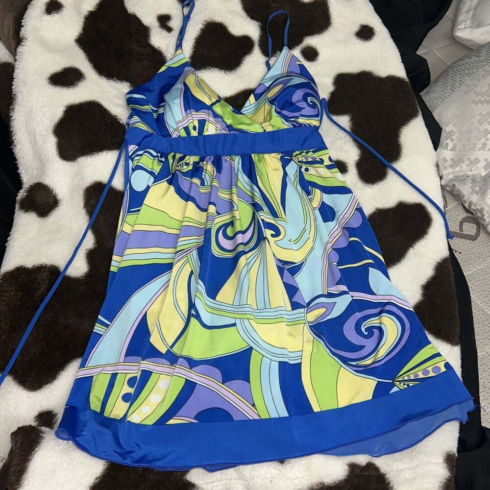 Vintage Y2K Blue Green Abstract Print Halter Dress